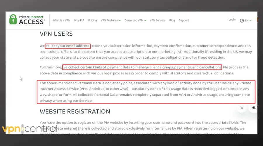 screenshot of pia privacy policy
