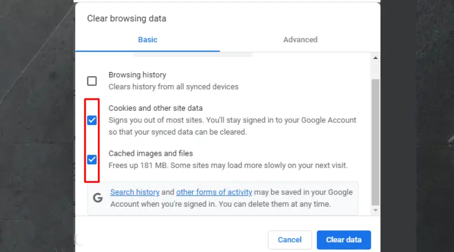 check browser data and cache