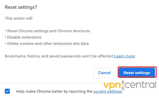 Confirmando restablecimiento de Chrome 