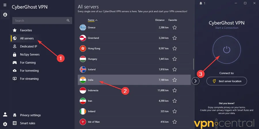 cyberghost indian server