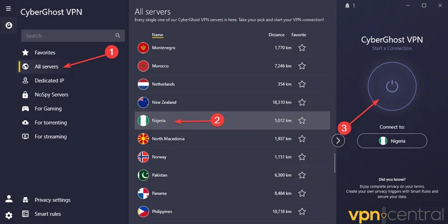 cyberghost connect to nigeria streaming server