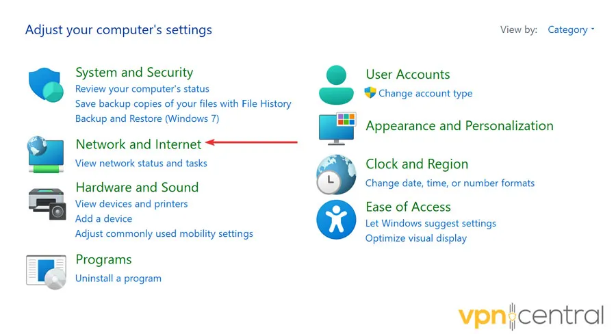 Go to Network and Internet
