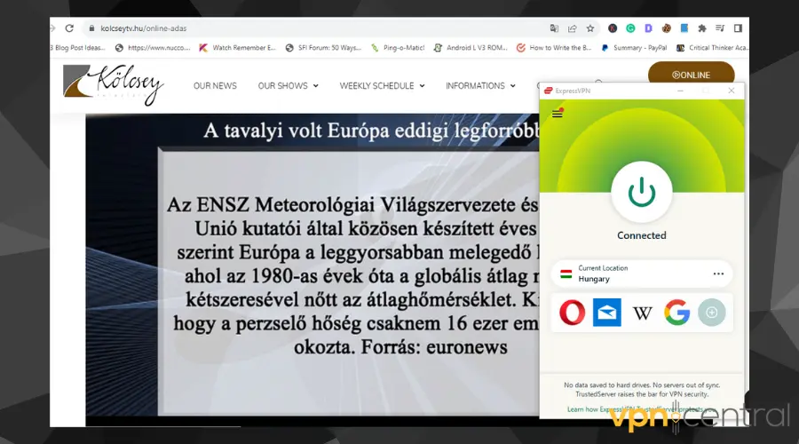 hungarian tv working with expressvpn connected to server in budapest hungary
