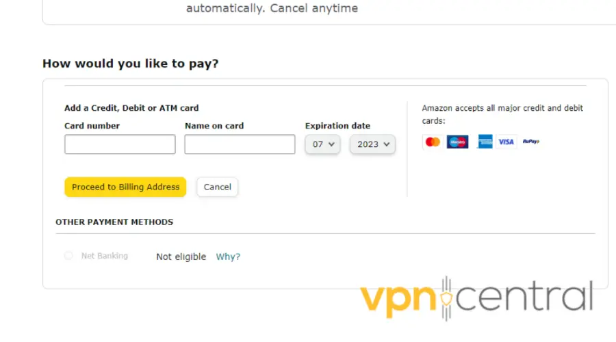 enter payment details for audible