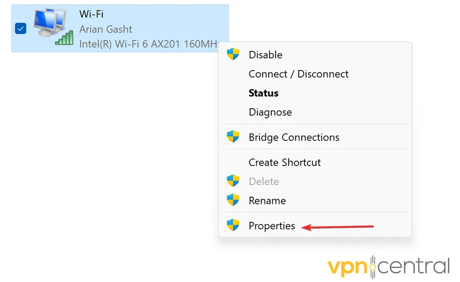Right click on the network adapter you're using