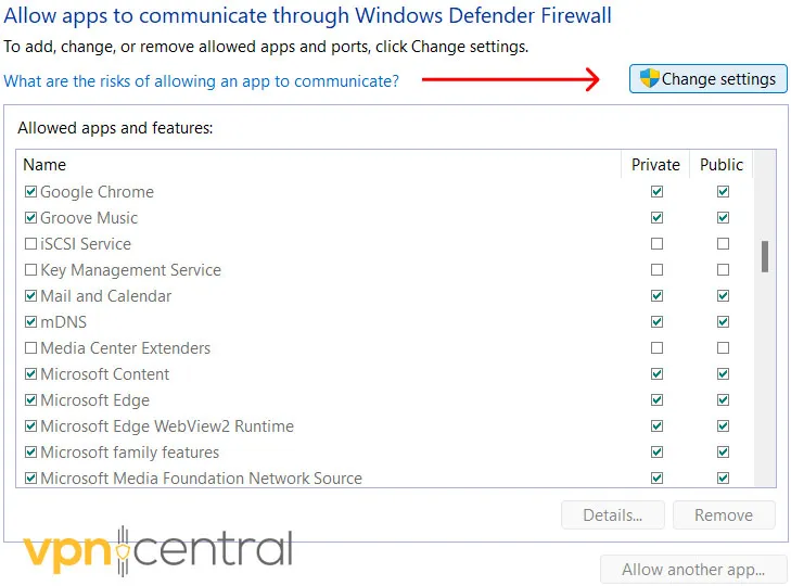 click on the change settings