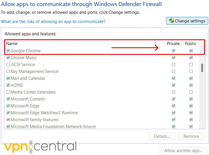 web browser and your VPN application have checkmarks