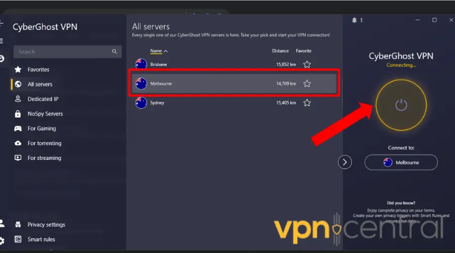 Cyberghost Melbourne server