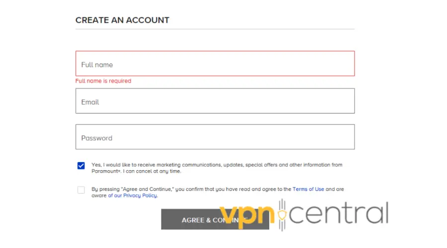paramount plus create account