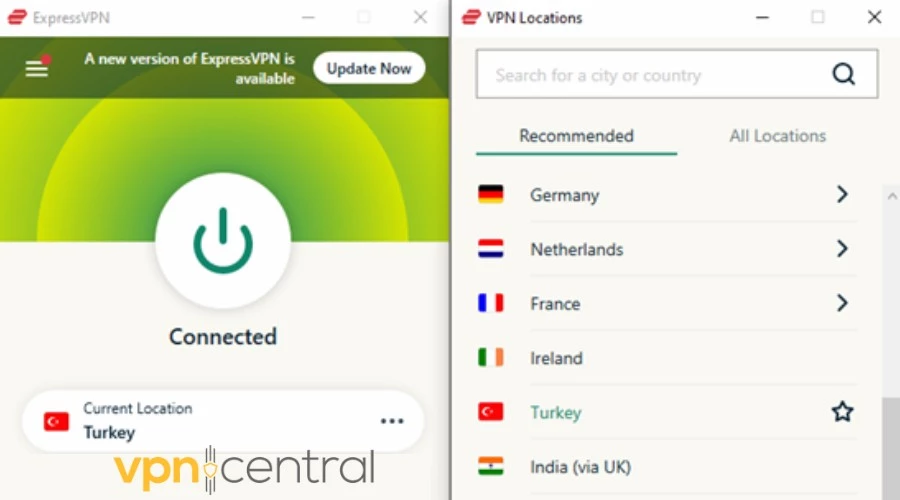 ExpressVPN connected to Turkey