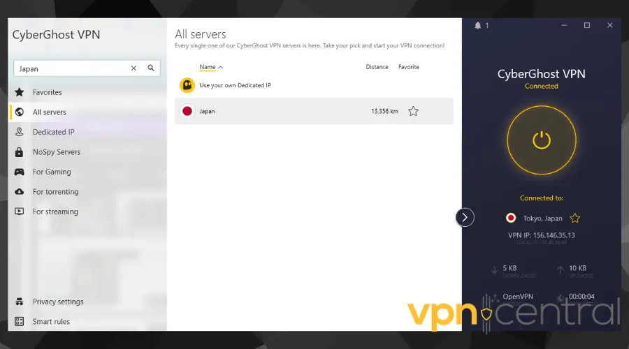 CyberGhost connected to Japanese server