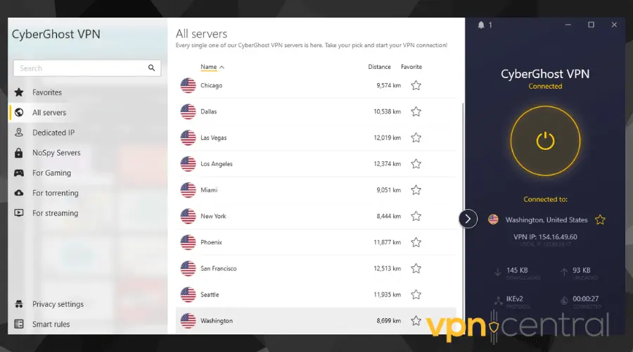 cyberghost VPN connected to United States