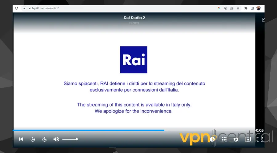 italian TV geo-restriction error message