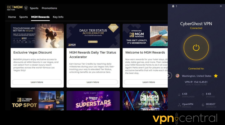 betmgm working with cyberghost vpn running