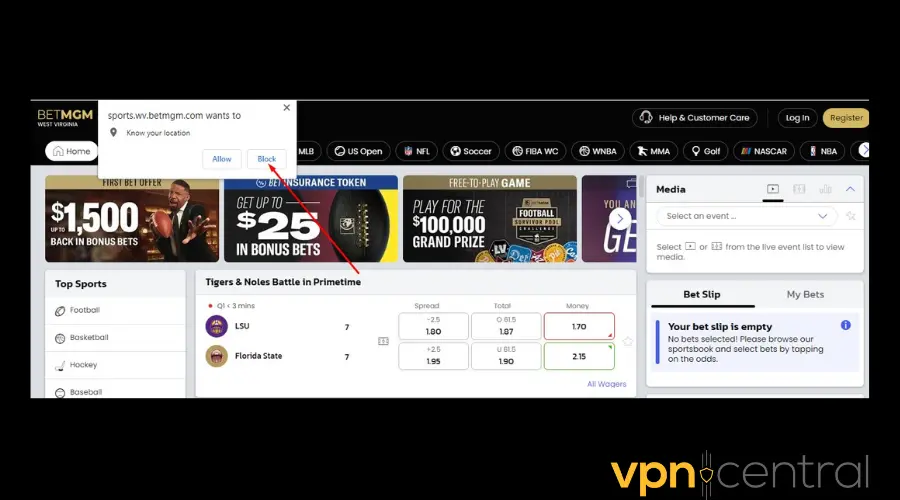 betmgm wants to know your location notification in browser