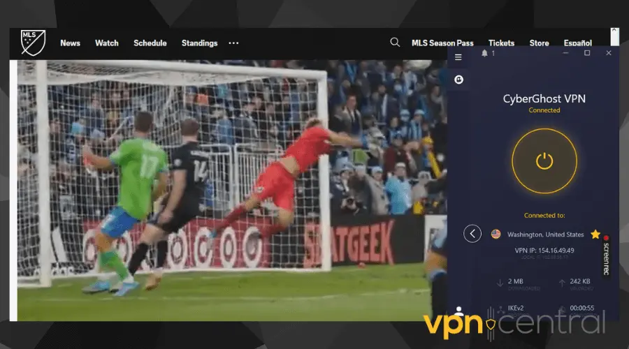 MLS Season Pass working with CyberGhost connected