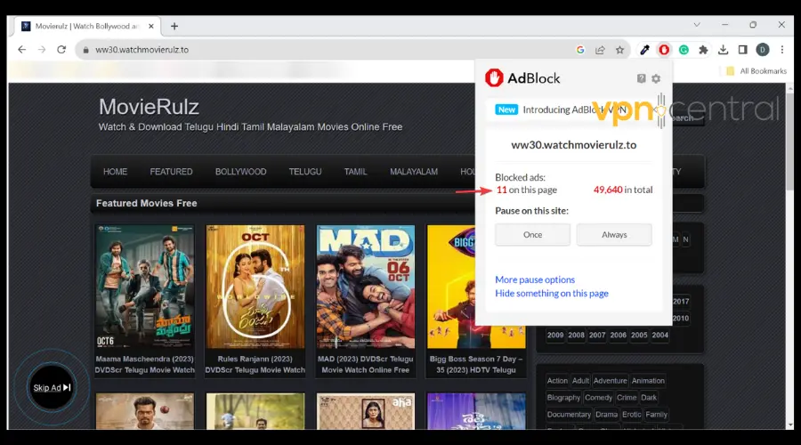 adblock running on movierulz
