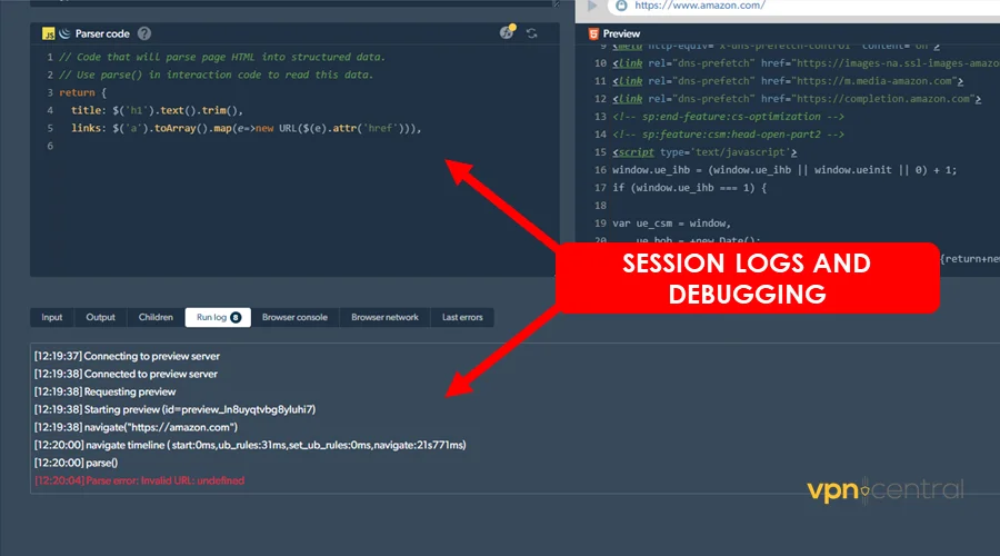 bright data debugger and activity log tracker