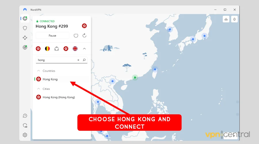nordvpn choose hong kong server