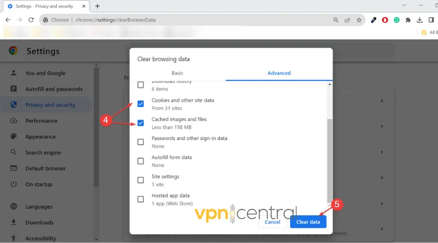 clear cache and cookies in google chrome