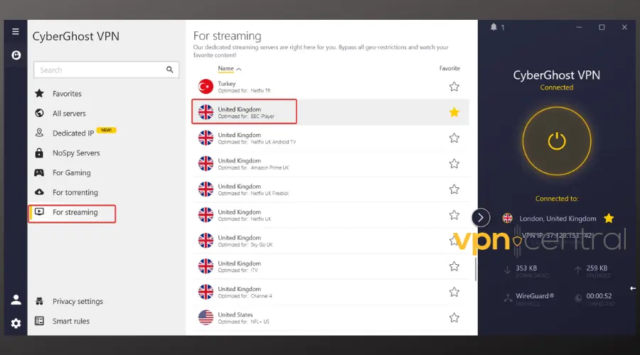 cyberghost bbc iplayer optimized server