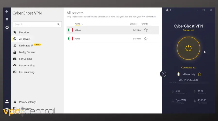 cyberghost italian servers