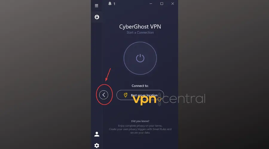 cyberghost left arrow