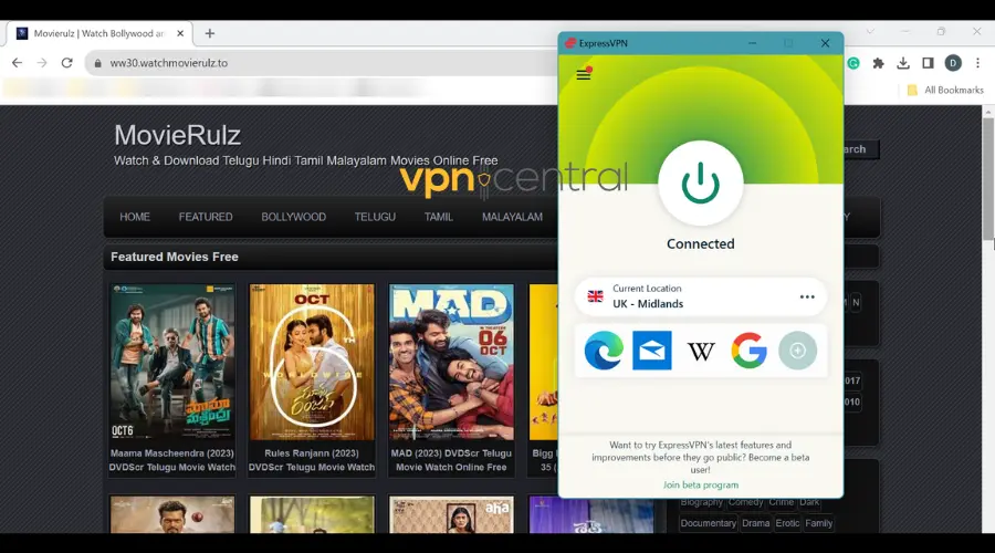movierulz running with expressvpn connected