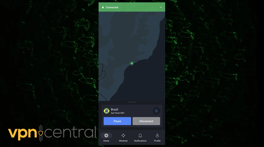 nordvpn brazil connected mobile