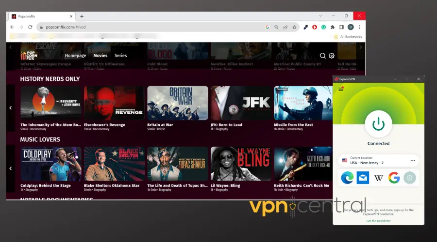popcornflix running with expressvpn connected
