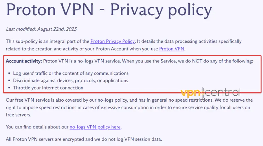 proton vpn no logs policy