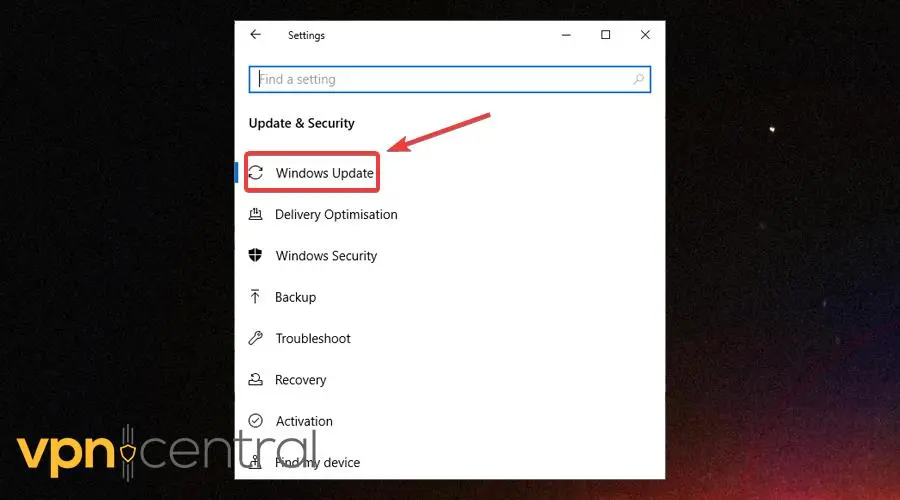 settings windows update