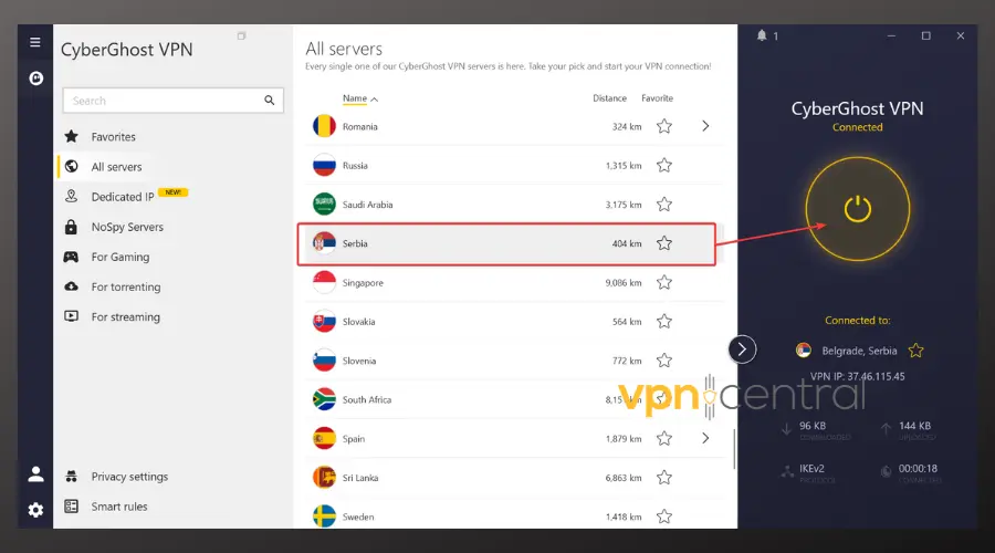 cyberghost vpn serbian server