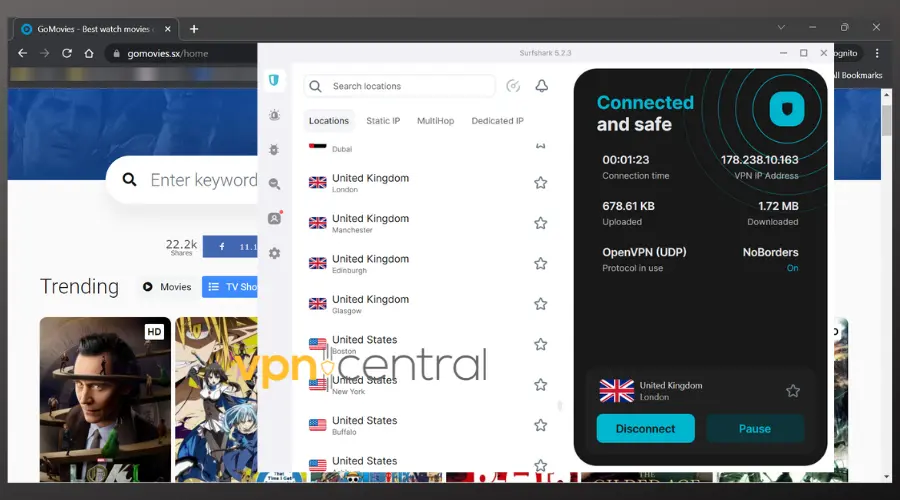 gomovies running with surfshark connected