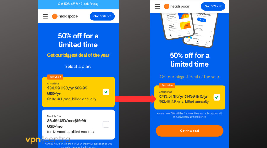 headspace price difference between us and india
