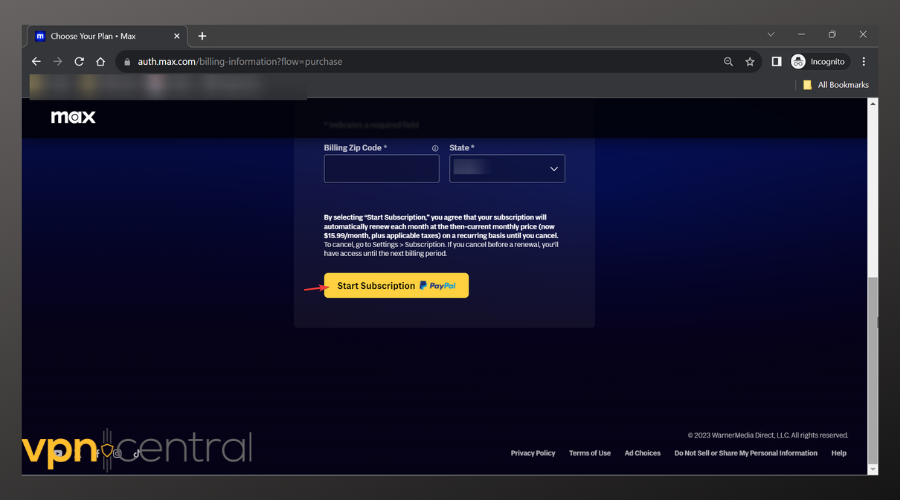 max us validate payment method and start subscription