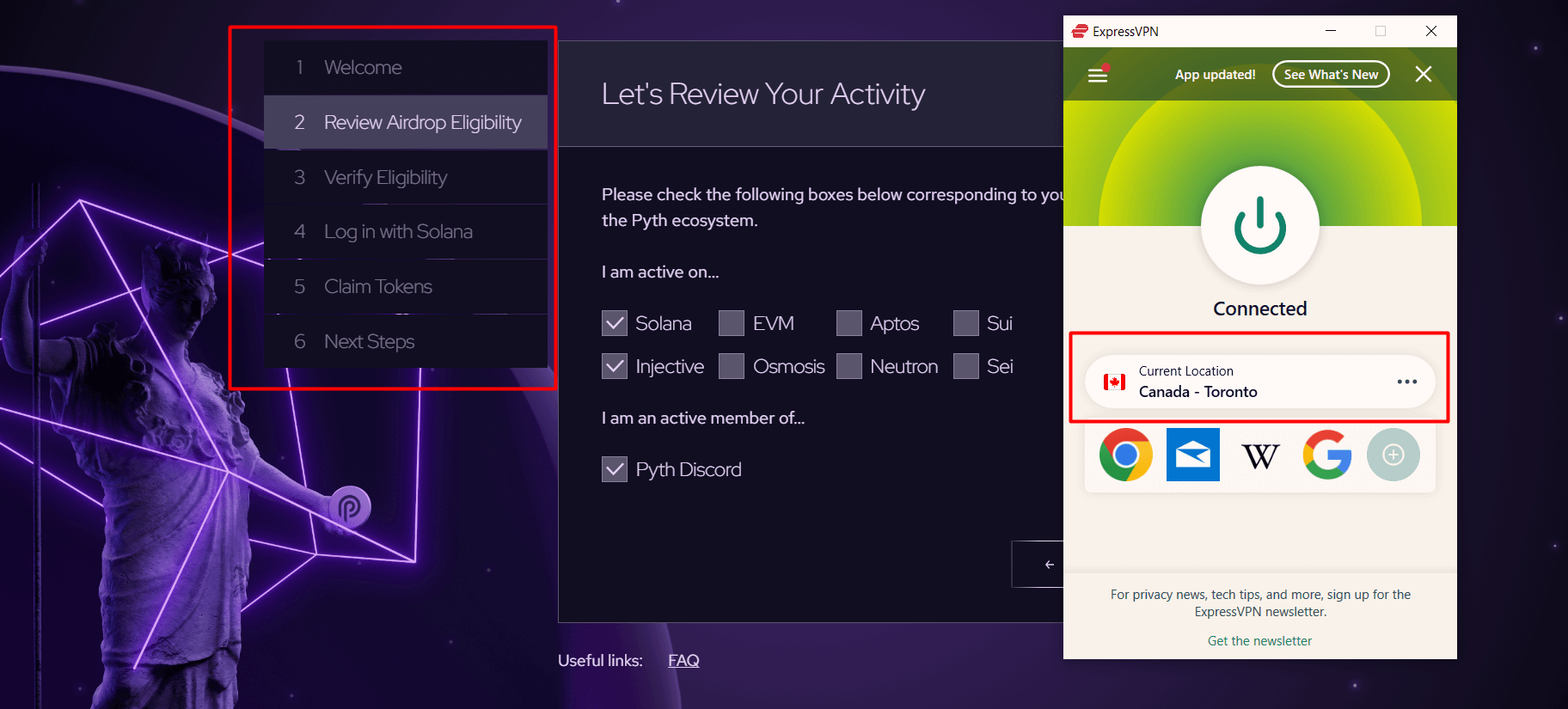 pyth network airdrop available in us and uk with expressvpn