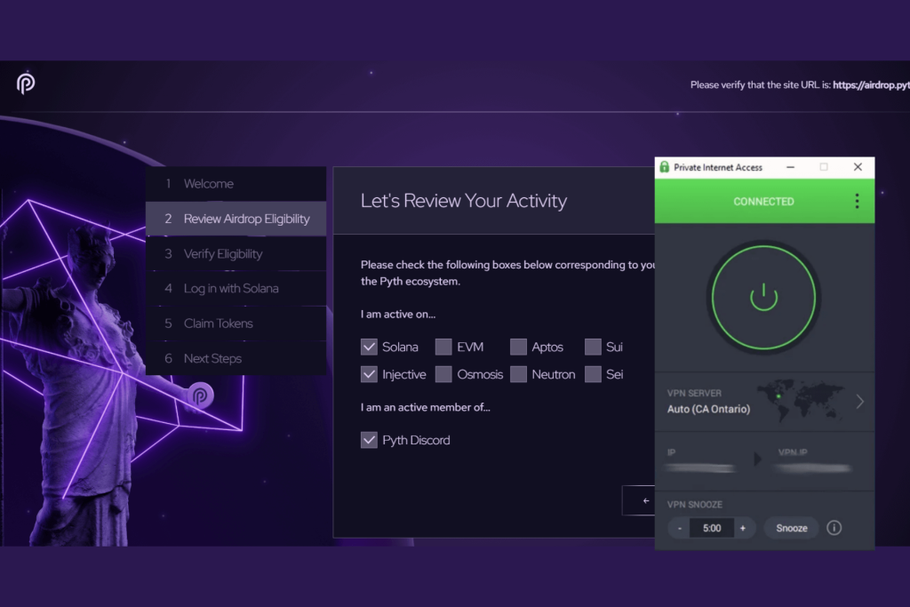 pyth network site working with pia