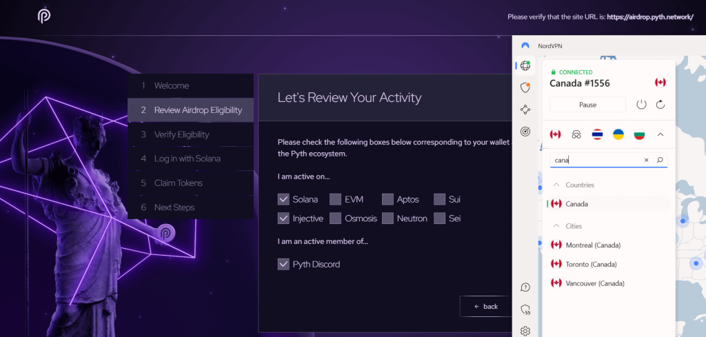 pyth network website working with nordvpn