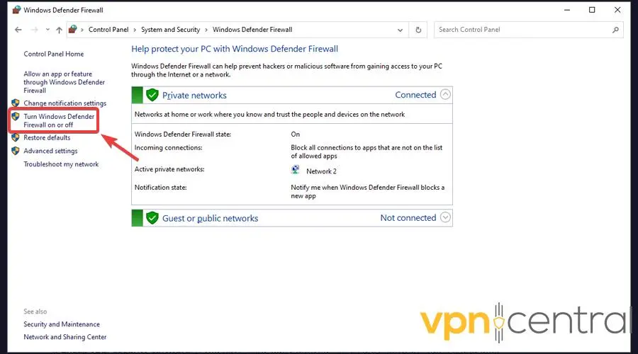 turn windows defender firewall on or off