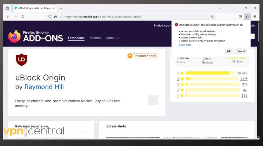 ublock origin on mozila firefox