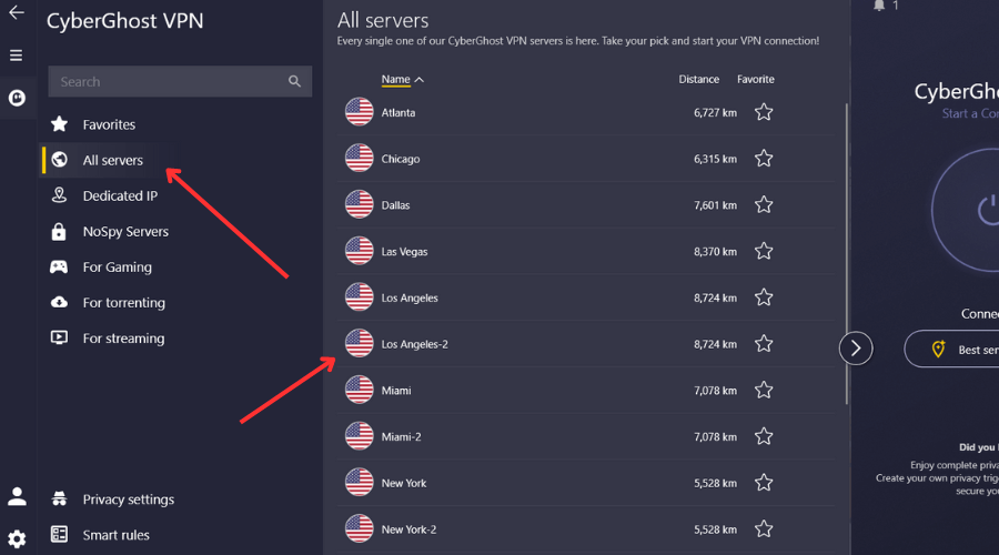 cyberghost selecting us server