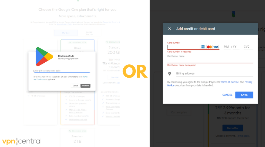 Google one payment options