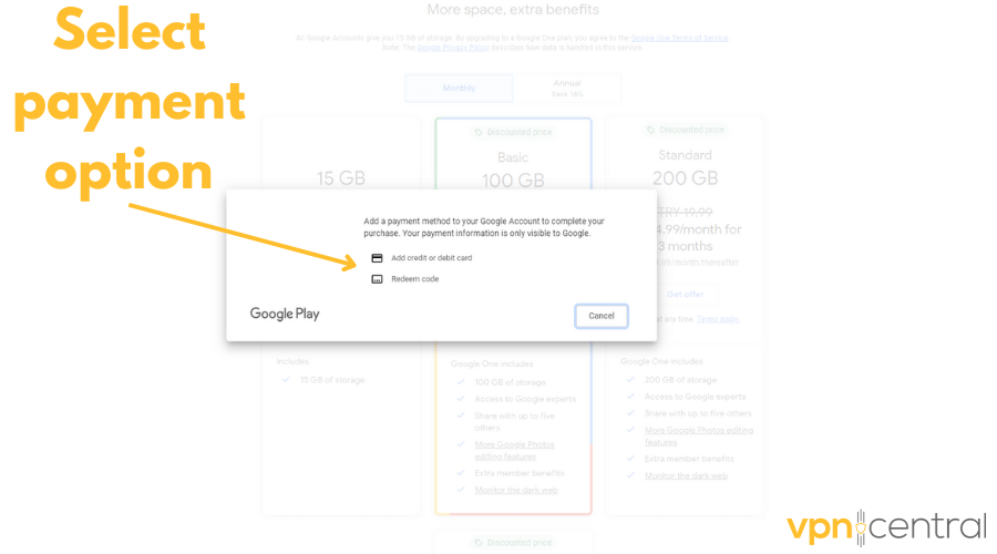 Google one payment options