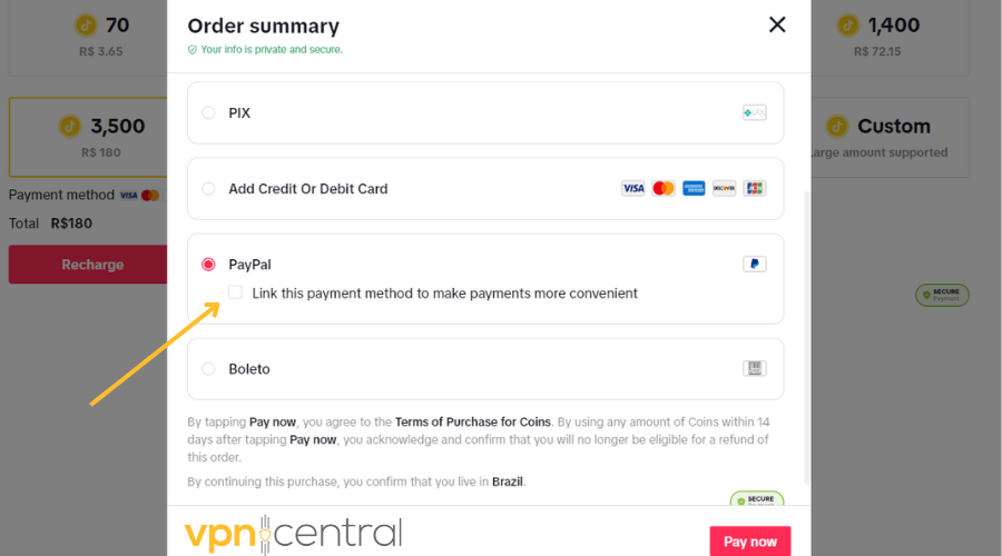 TikTok coins paypal option