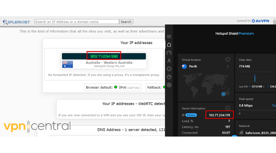 IP leak test of Hotspot Shield server