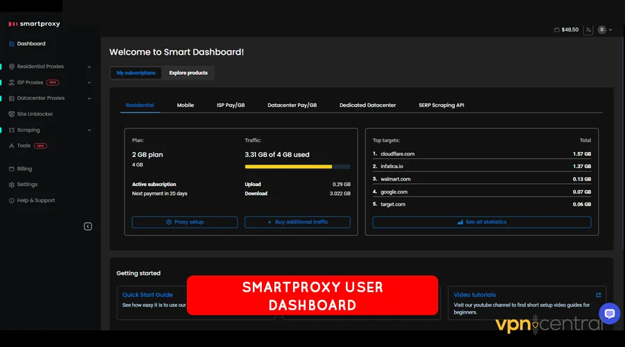 smartproxy user dashboard.
