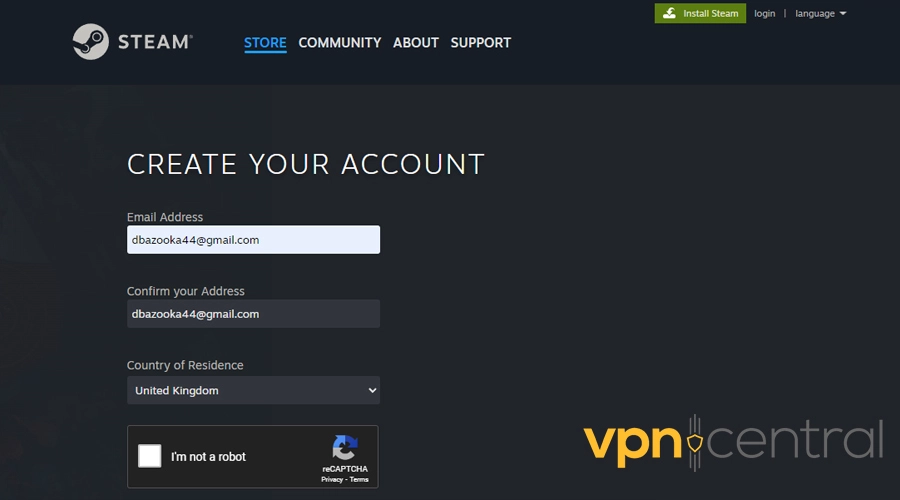 steam signing up uk location