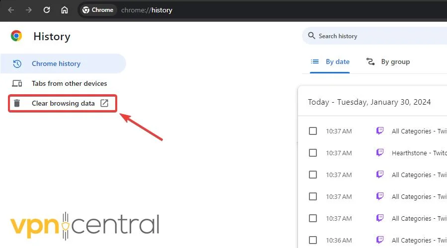 chrome clear browsing data