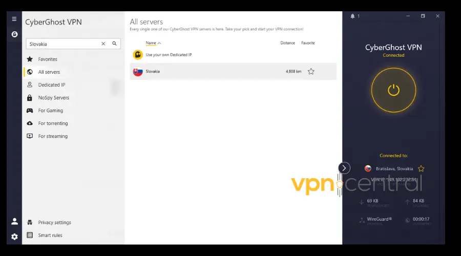 cyberghost connected to slovakia